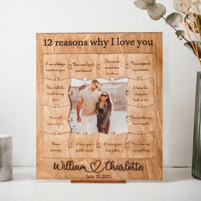 12 Reasons Why I Love You - Personalized Wooden Puzzle Piece Collage Frame, Birthday Gift for Her, Anniversary Gift