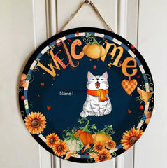 Welcome Door Signs, Fall Gifts For Cat Lovers, Fall Flowers Custom Wooden Signs , Cat Mom Gifts