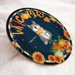 Welcome Door Signs, Fall Gifts For Cat Lovers, Fall Flowers Custom Wooden Signs , Cat Mom Gifts