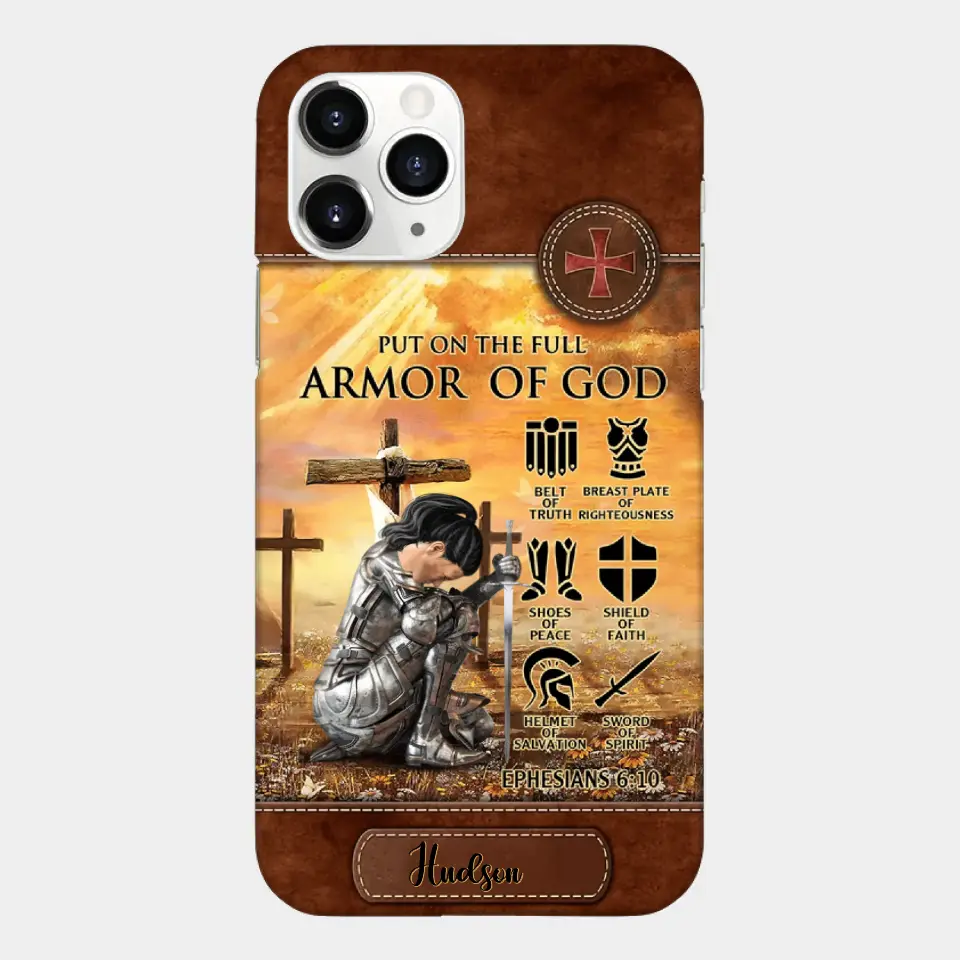 Personalized Woman Warrior Knight Put On The Full Armor Of God Leather Texture Phone Case
