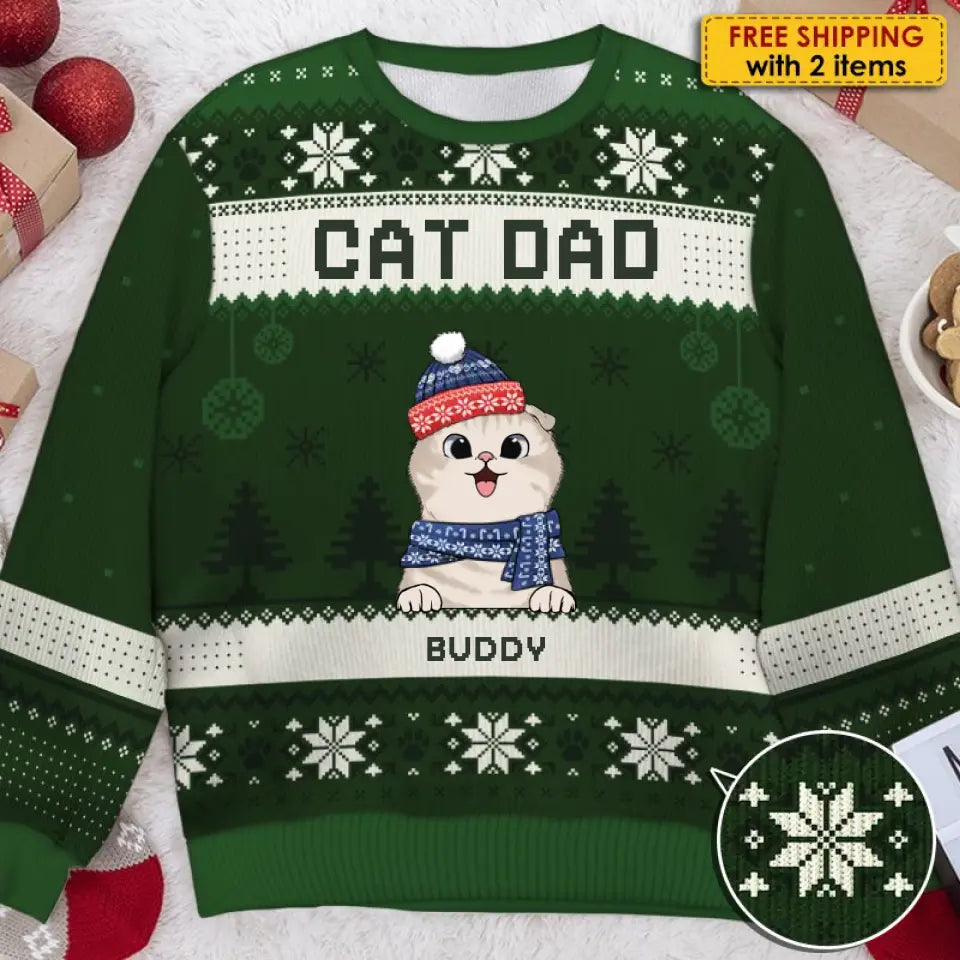 Merry Christmas, Cat Mom Cat Dad - Personalized Custom Unisex Ugly Christmas Sweatshirt, Wool Sweatshirt