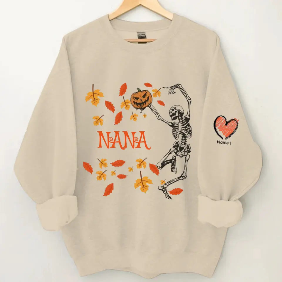 Personalized Grandma Dancing Skeleton With Grandkids Halloween Sweatshirt
