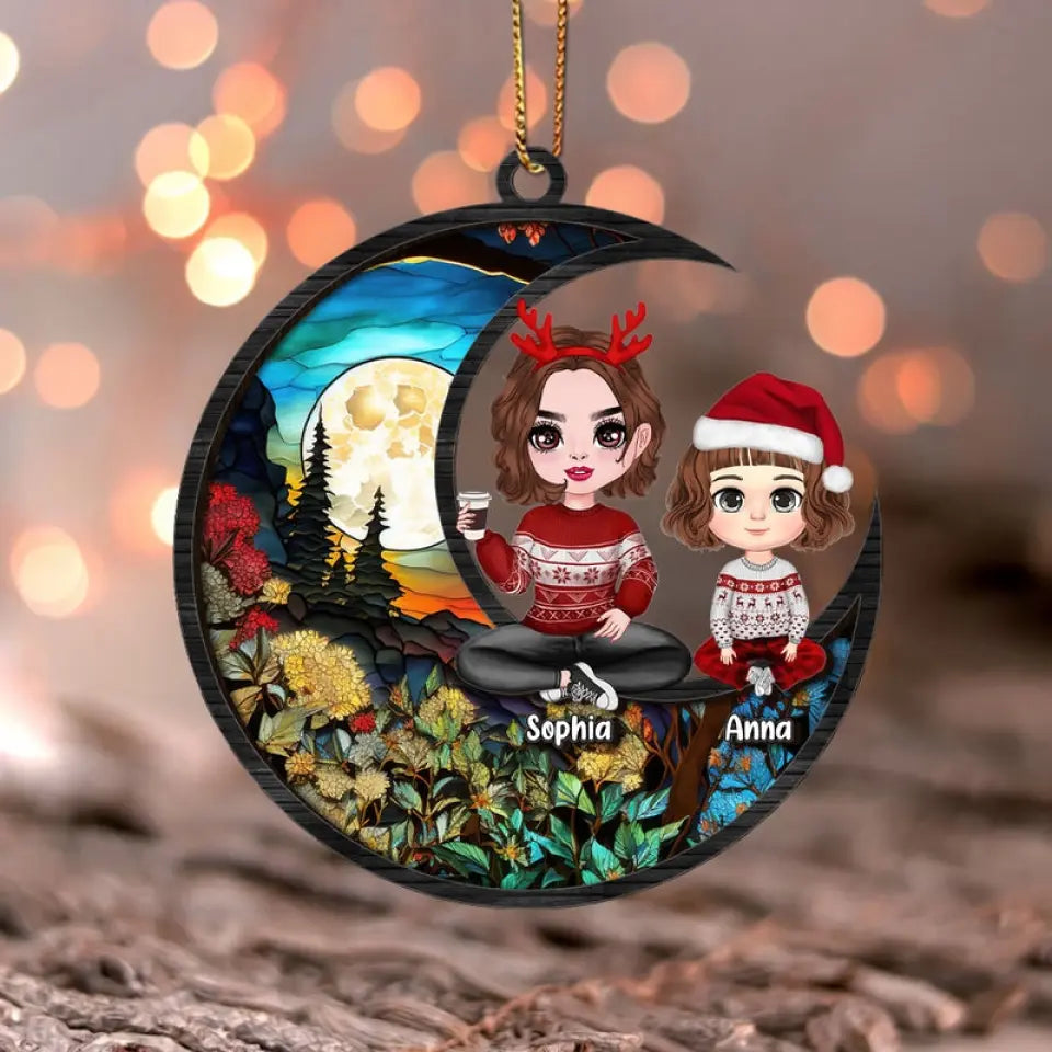 Personalized Christmas Grandma Grandkid On Moon Suncatcher Ornament