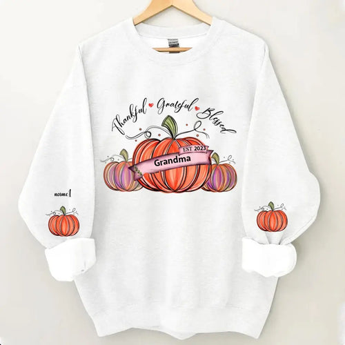 Thankful Grateful And Blessed Grandma With Pumpkin Grandkids Fall Season Personalized 2D Sweatshirt Custom Sleeve
