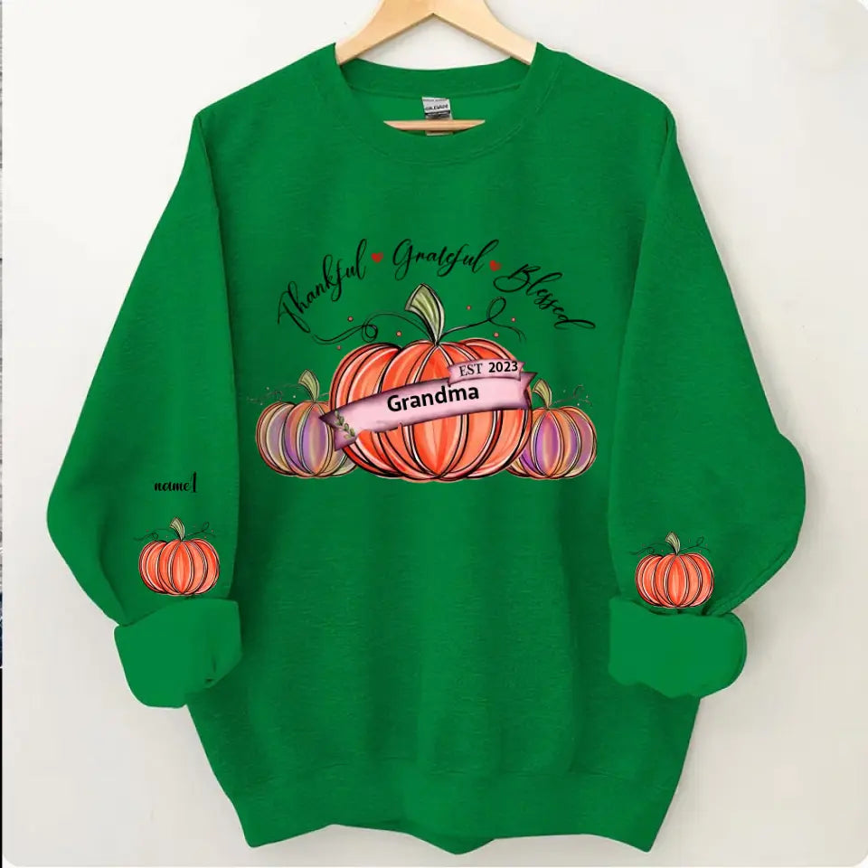 Thankful Grateful And Blessed Grandma With Pumpkin Grandkids Fall Season Personalized 2D Sweatshirt Custom Sleeve