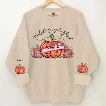 Thankful Grateful And Blessed Grandma With Pumpkin Grandkids Fall Season Personalized 2D Sweatshirt Custom Sleeve