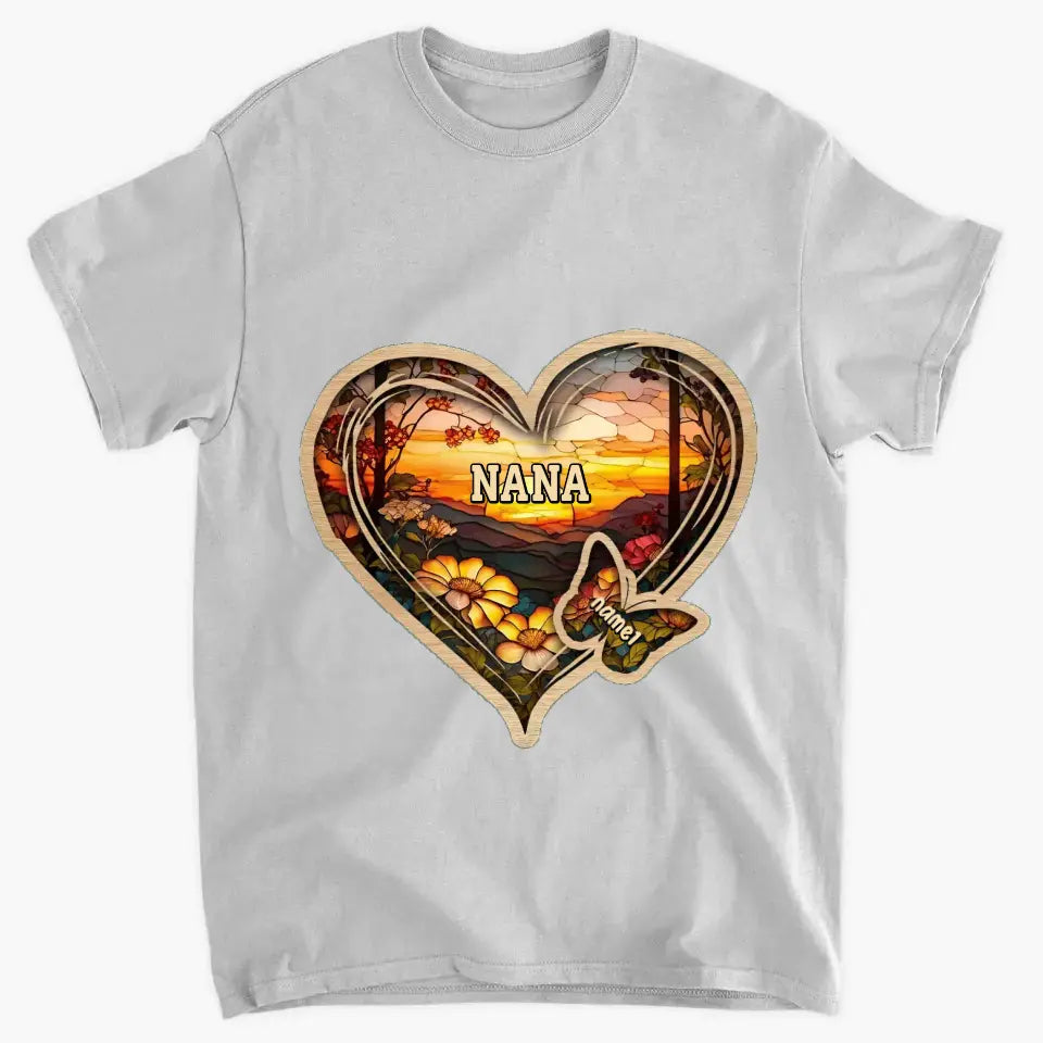 Personalized Christmas Mom Grandma Butterfly Heart Colorful Glass Pattern T-shirt