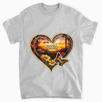 Personalized Christmas Mom Grandma Butterfly Heart Colorful Glass Pattern T-shirt