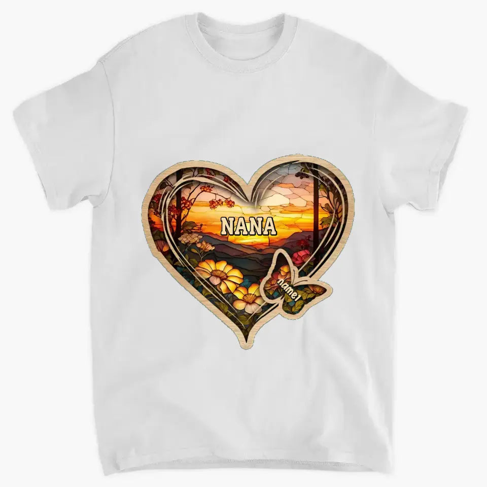 Personalized Christmas Mom Grandma Butterfly Heart Colorful Glass Pattern T-shirt
