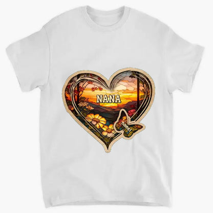 Personalized Christmas Mom Grandma Butterfly Heart Colorful Glass Pattern T-shirt