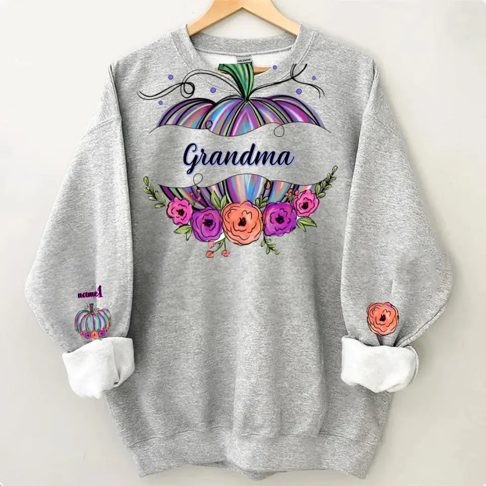 Grandma Pumpkin Flowers Personalized Sweatshirt Fall Gift For Granny