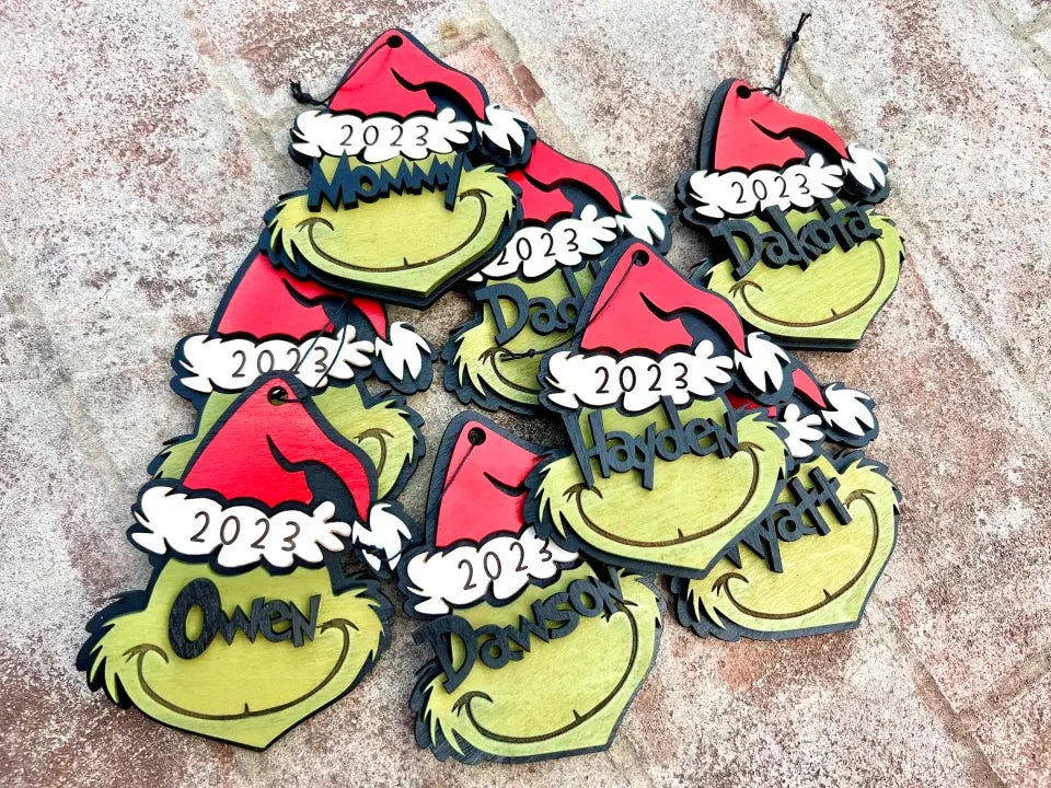 Personalized Grinchma Ornaments, Wooden Christmas Ornaments