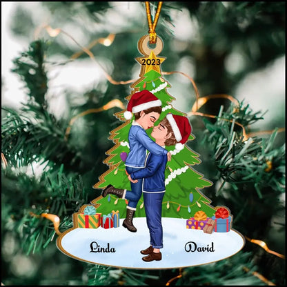 Personalized Christmas Couple Kissing Hugging Under Pine Tree Ornament
