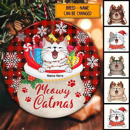 Cats and Dogs in Santa Bag Red Checkered Round Ceramic Ornaments - Personalized Cats and Dogs Decorative Christmas Ornaments