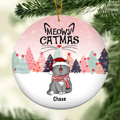 Personalised Meowy Catmas Pinktone Circle Ceramic Ornament - Personalized Cat Lovers Decorative Christmas Ornament