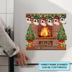 Christmas Fireplace with Family - Personalized Magnetic Custom Decal - Christmas Gift for Family Members