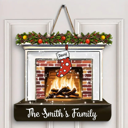 Merry Christmas Fireplace - Personalized Custom Door Sign - Christmas Gift For Mom, Dad, Grandma, Grandpa, Family Members