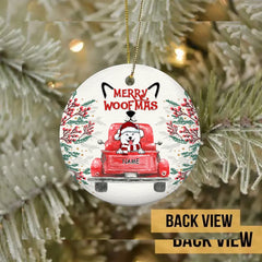 Merry Woofmas, Red Truck Circle Ceramic Ornament, Personalized Dog Breeds Ornament, Dog Lovers Gifts