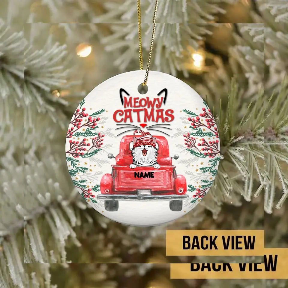 Meowy Catmass, Red Truck Circle Ceramic Ornament, Personalized Cat Breeds Ornament, Cat Lovers Gifts