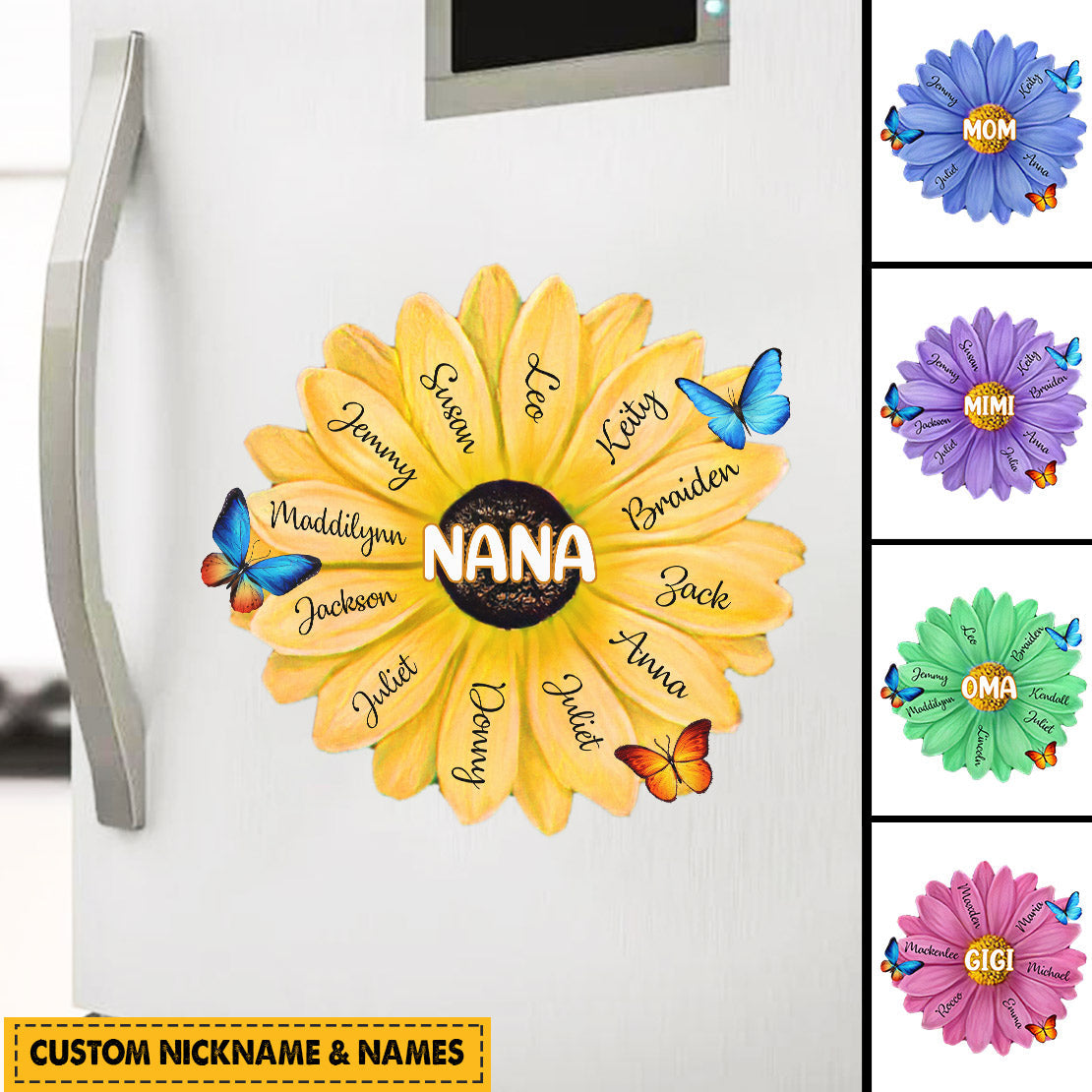 Personalized Mom, Grandma With Kids Name Flower Sticker Decal and Magnetic Fridge Magnet
