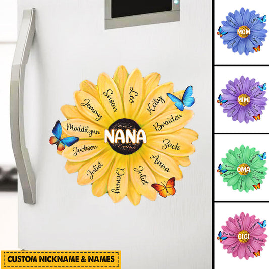 Personalized Mom, Grandma With Kids Name Flower Sticker Decal and Magnetic Fridge Magnet