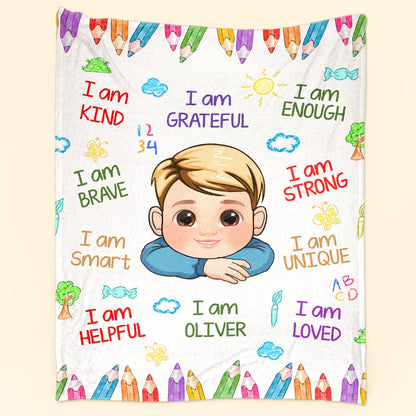 Kid Affirmations I Am Kind Smart Loved - Personalized Blanket