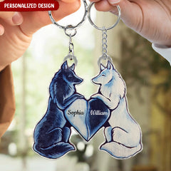 Black White Wolf Canine Dog Spiritual Duality Pair Bond Friendship Couple Valentine Personalized Keychain