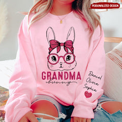 Pink Glitter Grandma Bunny Personalized Sweatshirt Sleeve Custom