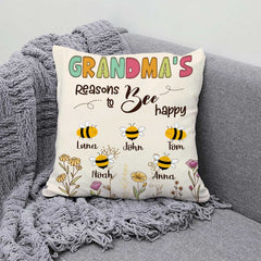 Grandma’s Reasons to Bee Happy Pillow, Mothers Day Gift From Grandkids, Grandma Garden Pillow With Grandchildren’s Name