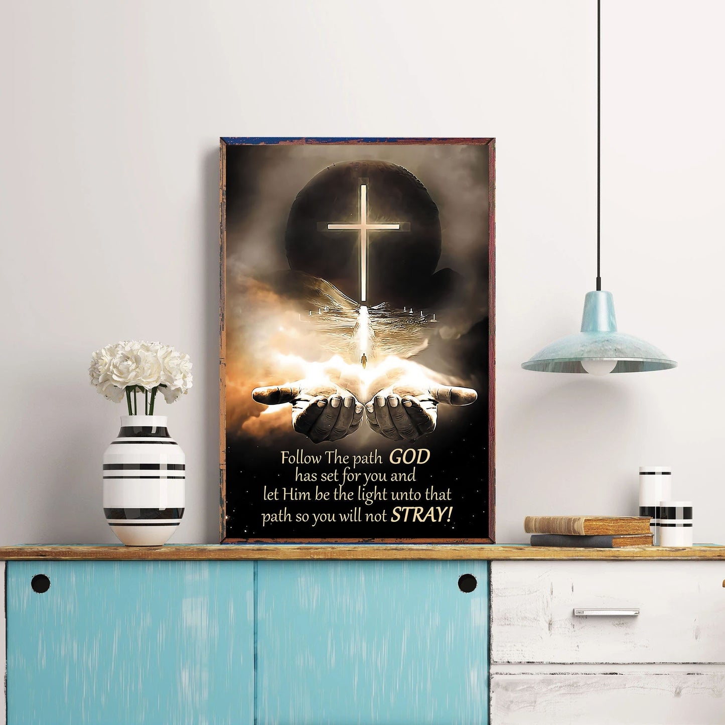 Follow The Path God Has Set For You Poster Wall Art Scripture Wall Print Distressed Typographic Jesus Poster Inspirational Positive Quotes