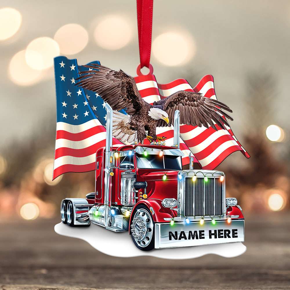 Trucker Christmas With Flag - Personalized Christmas Ornament