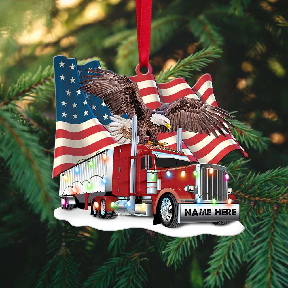Trucker Christmas With Flag - Personalized Christmas Ornament