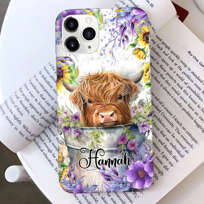Flower Baby Highland Cow In Bucket, Love Cow Cattle Farm Personalized Phone Case