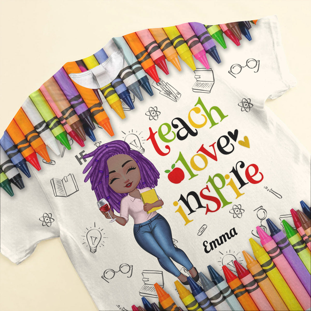Colorful Crayon Teach Love Inspire Cute Pretty Doll Teacher Personalized 3D T-shirt Perfect Teacher's Day Gift