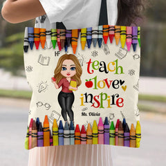 Colorful Crayon Teach Love Inspire Cute Pretty Doll Teacher Personalized Tote bag Perfect Teacher's Day Gift